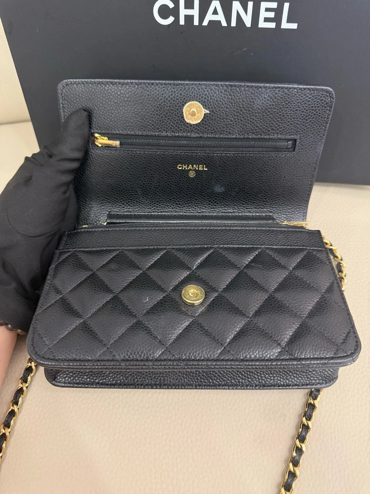 CHANEL Black Gold Leather WOC Crossbody Bag For Women