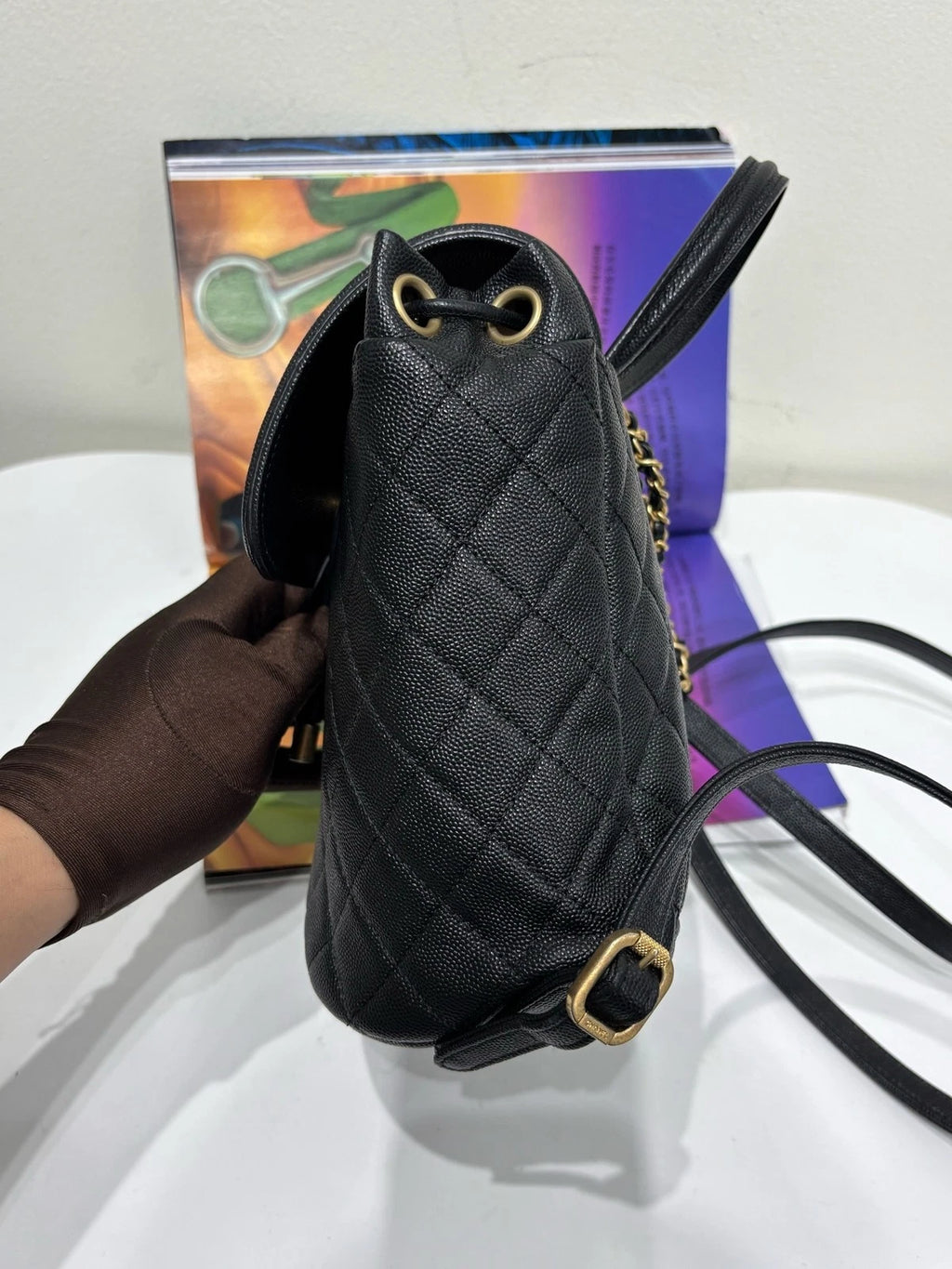 CHANEL Black Gold Calfskin Vanity Case Backpack For Women
