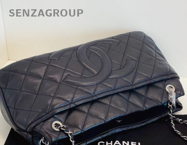 Chanel Calfskin Tote Chain Shoulder Bag Silver Black Women Classic Diamond