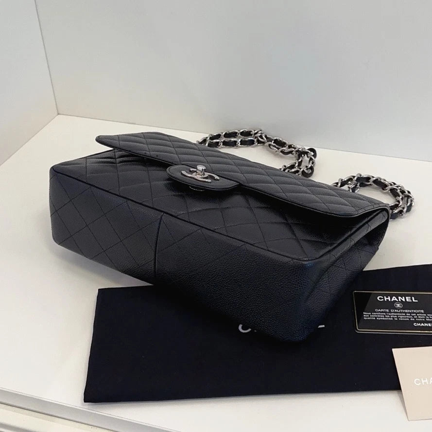 Chanel Flap Jumbo Calfskin Chain Shoulder Crossbody Black Silver Excellent
