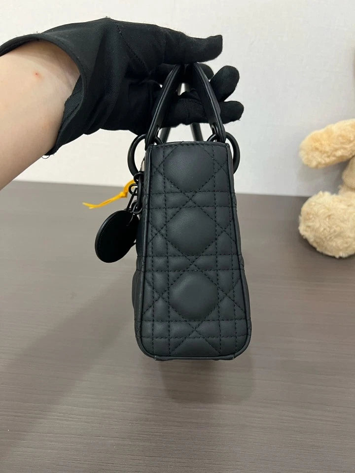 Dior Black Leather 3-Grid Lady Dior Top Handle Bag For Women