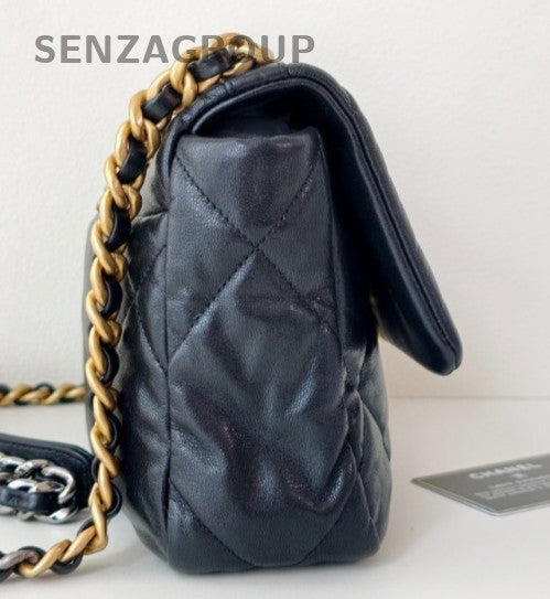 Chanel 19 PM Chain Shoulder Bag Black Gold Used Women Classic Diamond Pattern