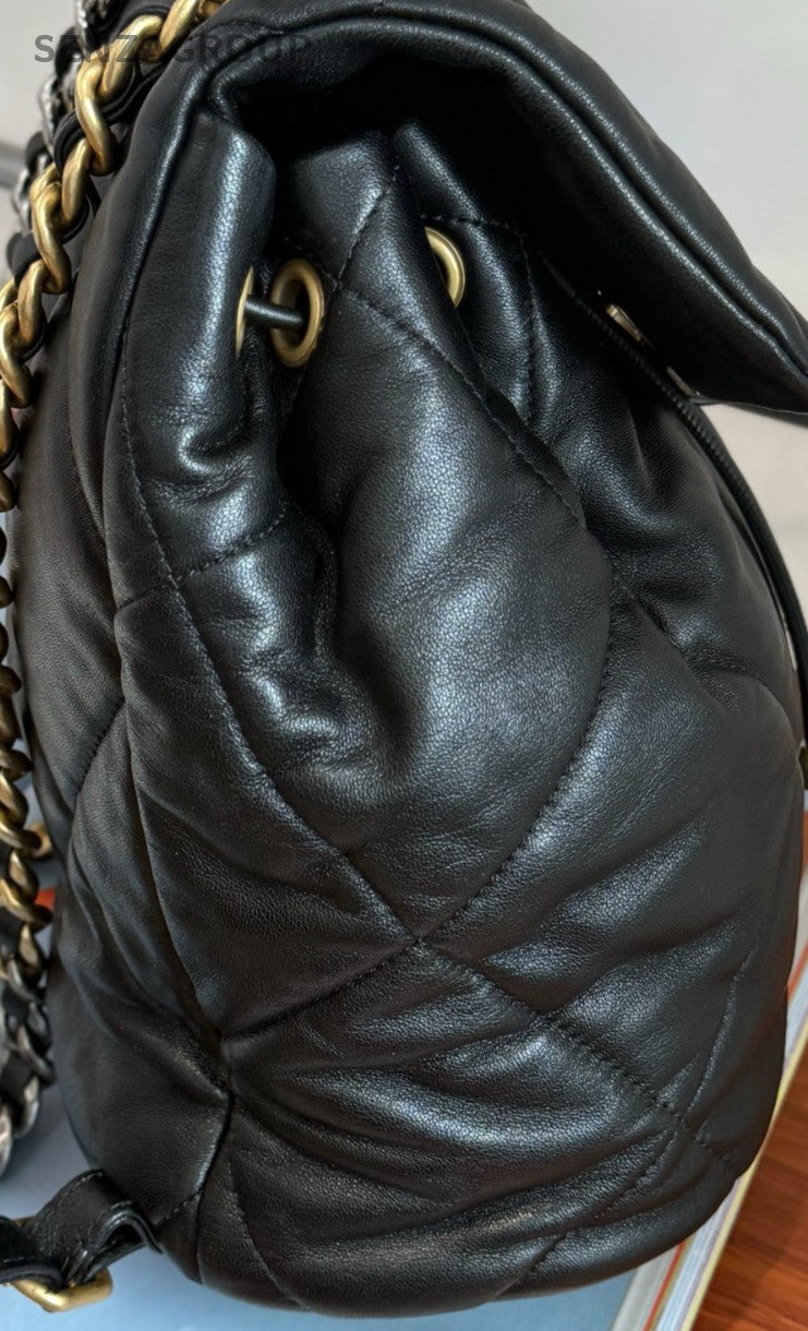 Chanel 19 Chain Backpack Gold Black Used Women Classic Diamond Pattern