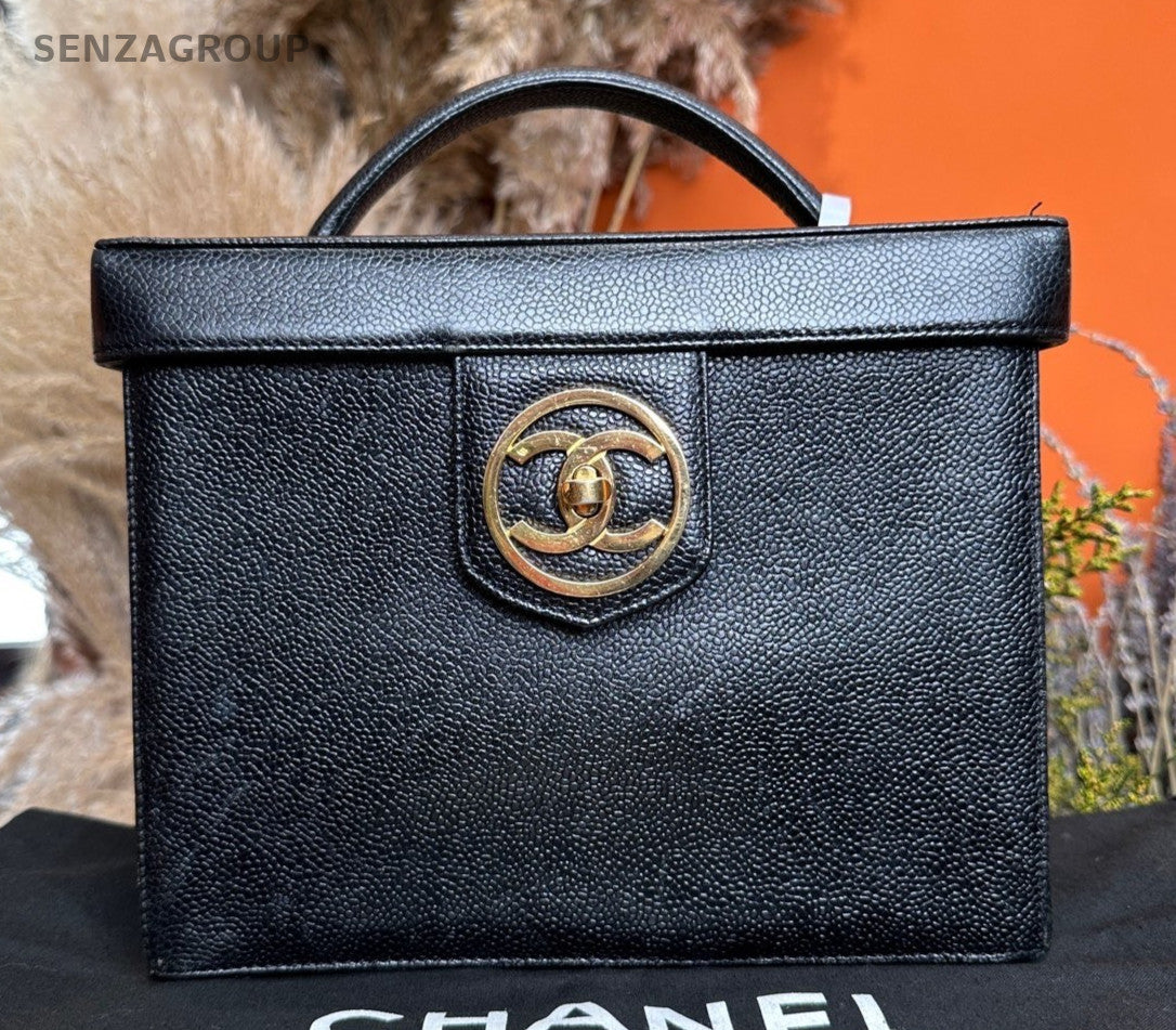 Chanel Vintage Vanity Case Top Handle Bag Black Gold Used Women Classic