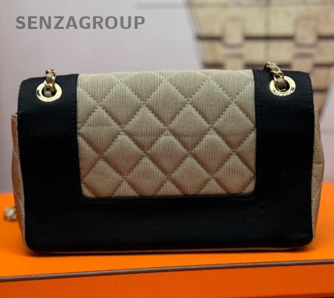 Chanel Classic Flap Canvas Chain Shoulder Bag Beige Black Gold Women Classic
