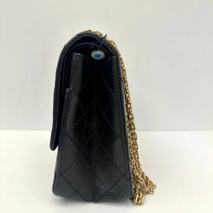 CHANEL 2.55 Medium Animal Badge Leather Shoulder Bag Black Gold Women
