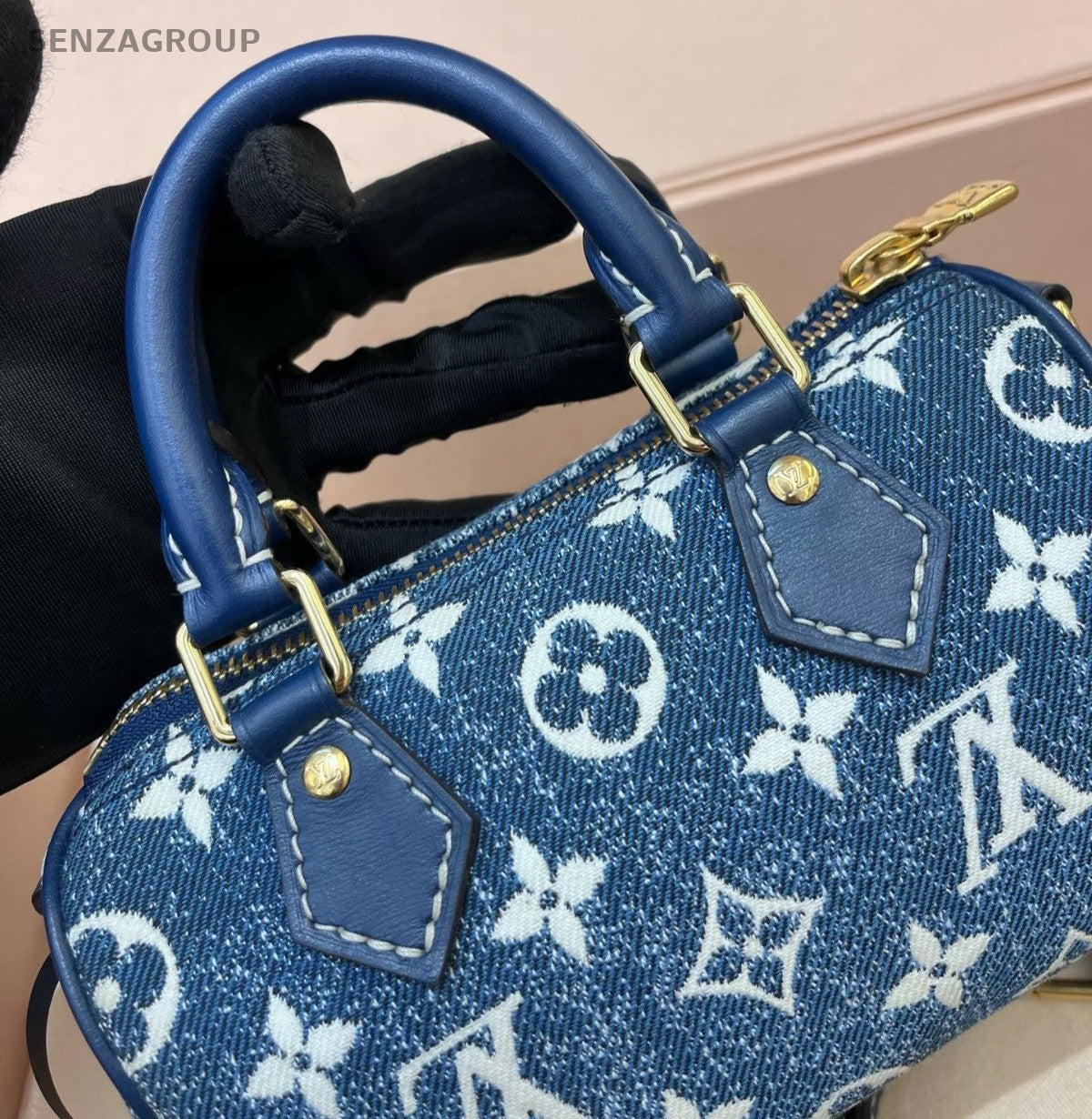 Louis Vuitton Speedy Nano Denim Monogram Top Handle Crossbody Blue Gold Women