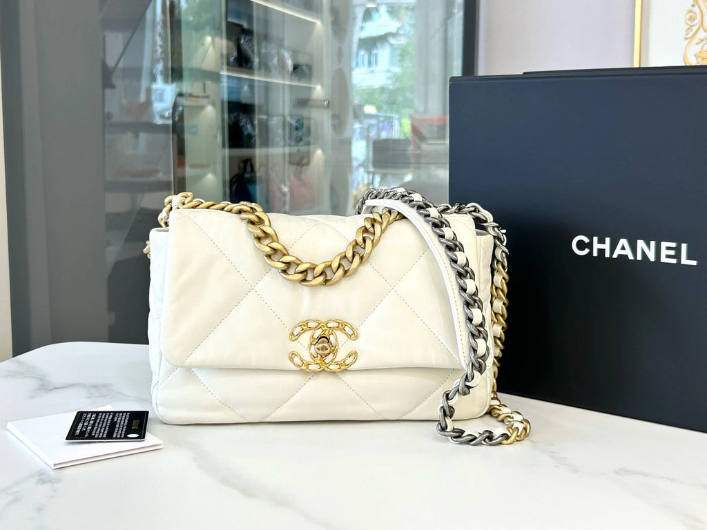 CHANEL 19Bag Small White Gold Lambskin Chain Shoulder Bag For Women
