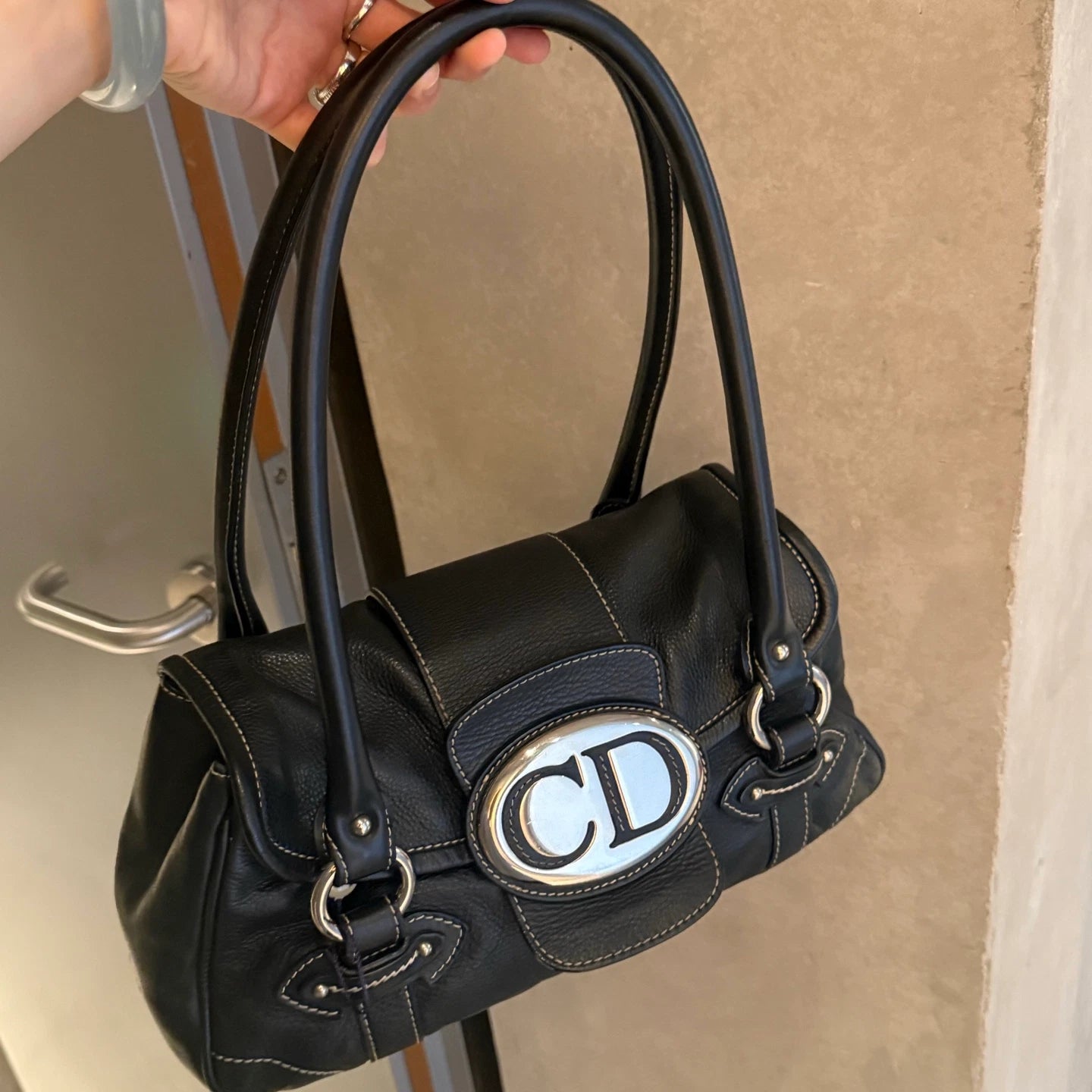 Christian Dior Calfskin PM Shoulder Bag Black Silver Hardware Women Classic
