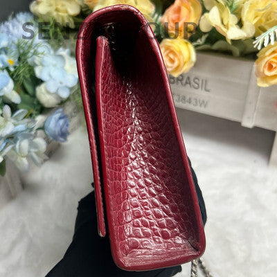 Saint Laurent Crocodile Embossed Fringe Bag Red Silver Chain Crossbody
