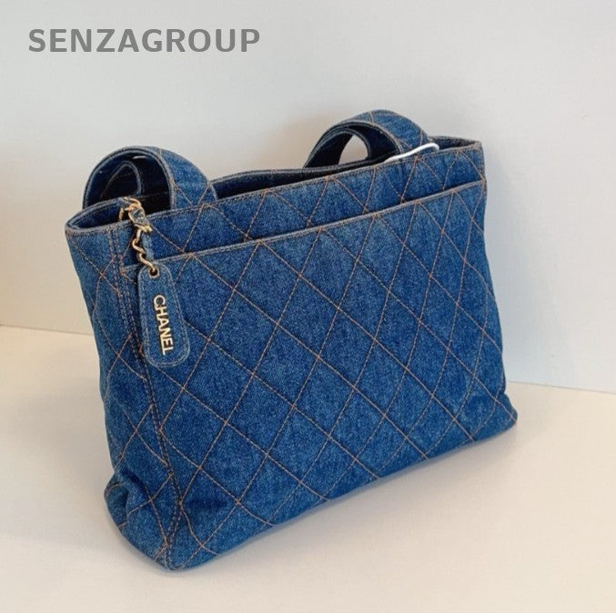 CHANEL Vintage Tote Denim Diamond Pattern Shoulder bag Blue Limited Edition