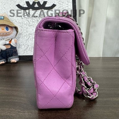 Chanel Classic Flap Lamb Leather Purple Silver Chain Shoulder Crossbody Bag