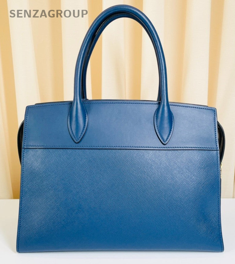 PRADA Saffiano Top Handle 2way Shoulder Handbag Women Blue Gold
