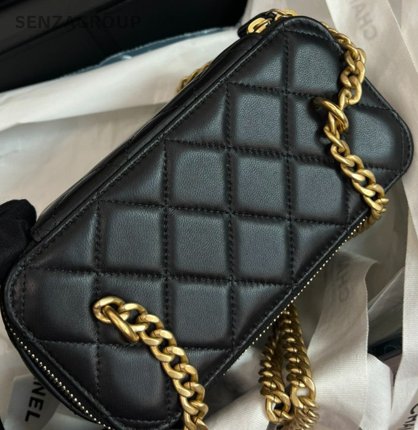 Chanel 23S Chain Lambskin Shoulder Bag Crossbody Black Gold Used Women Classic