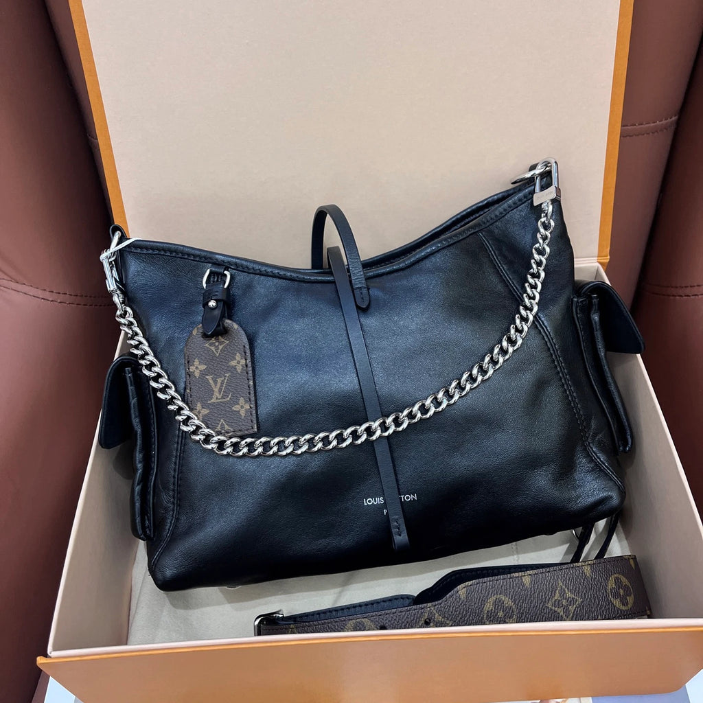 Louis Vuitton Carryall Lambskin Black Silver Shoulder Bag Crossbody Excellent
