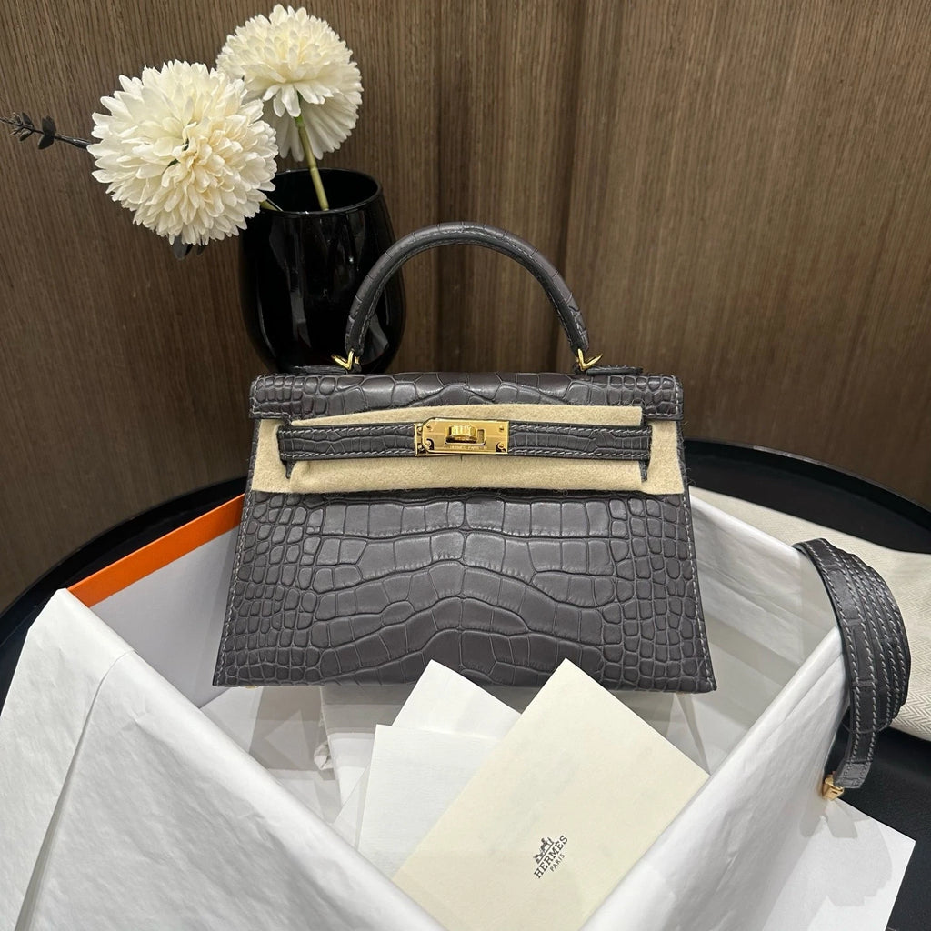 Hermes Mini Kelly 2 Women's Leather Top Handle Bag Grey