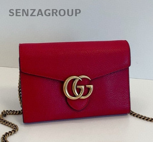 Gucci Marmont GG Chain Shoulder Bag Crossbody Red Gold Women Classic