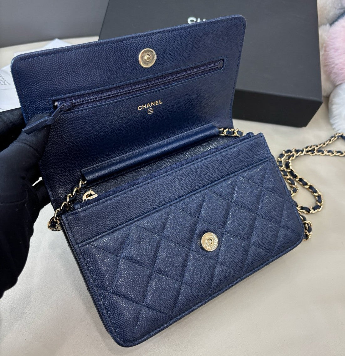 Chanel WOC Calfskin Chain Shoulder Bag Crossbody Blue Silver Women Classic