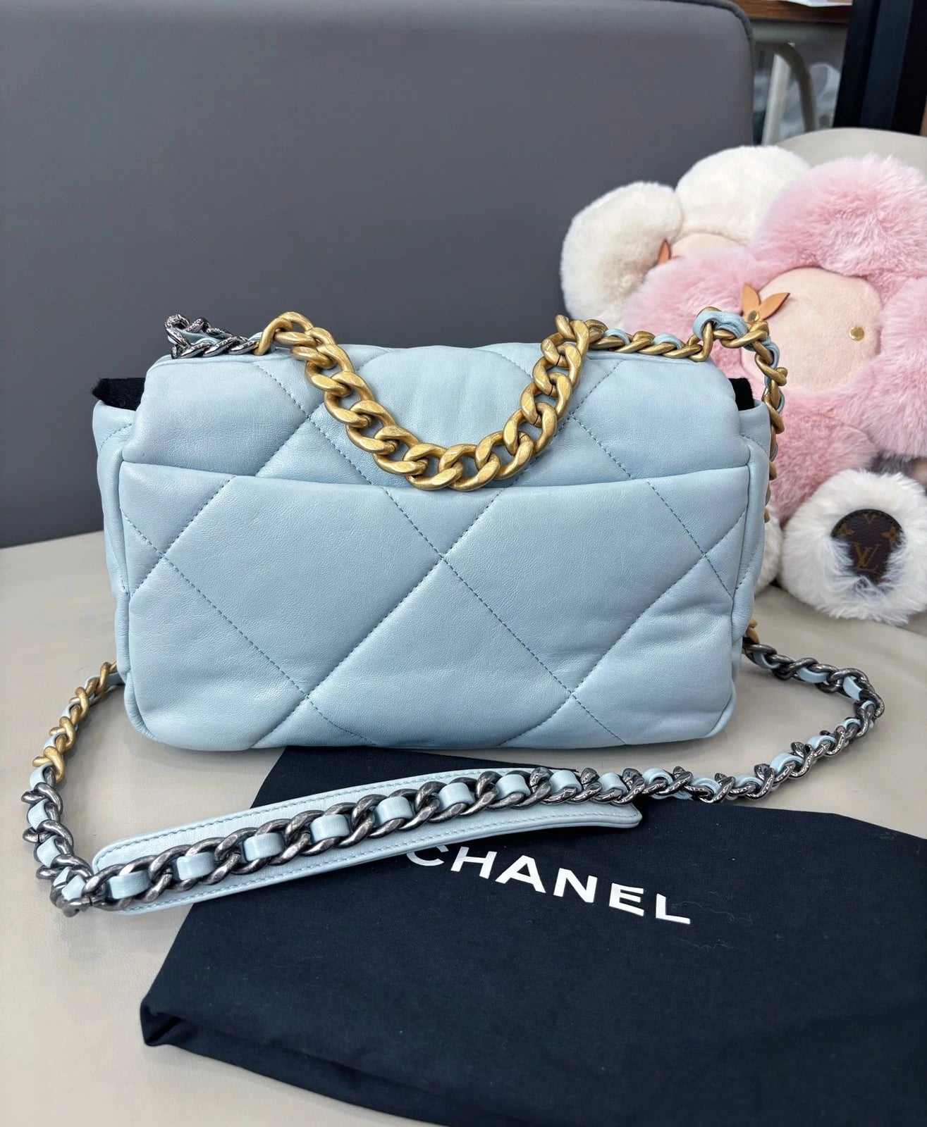Chanel 19 Small Flap Bag Crossbody Handbag Light Blue Women Classic
