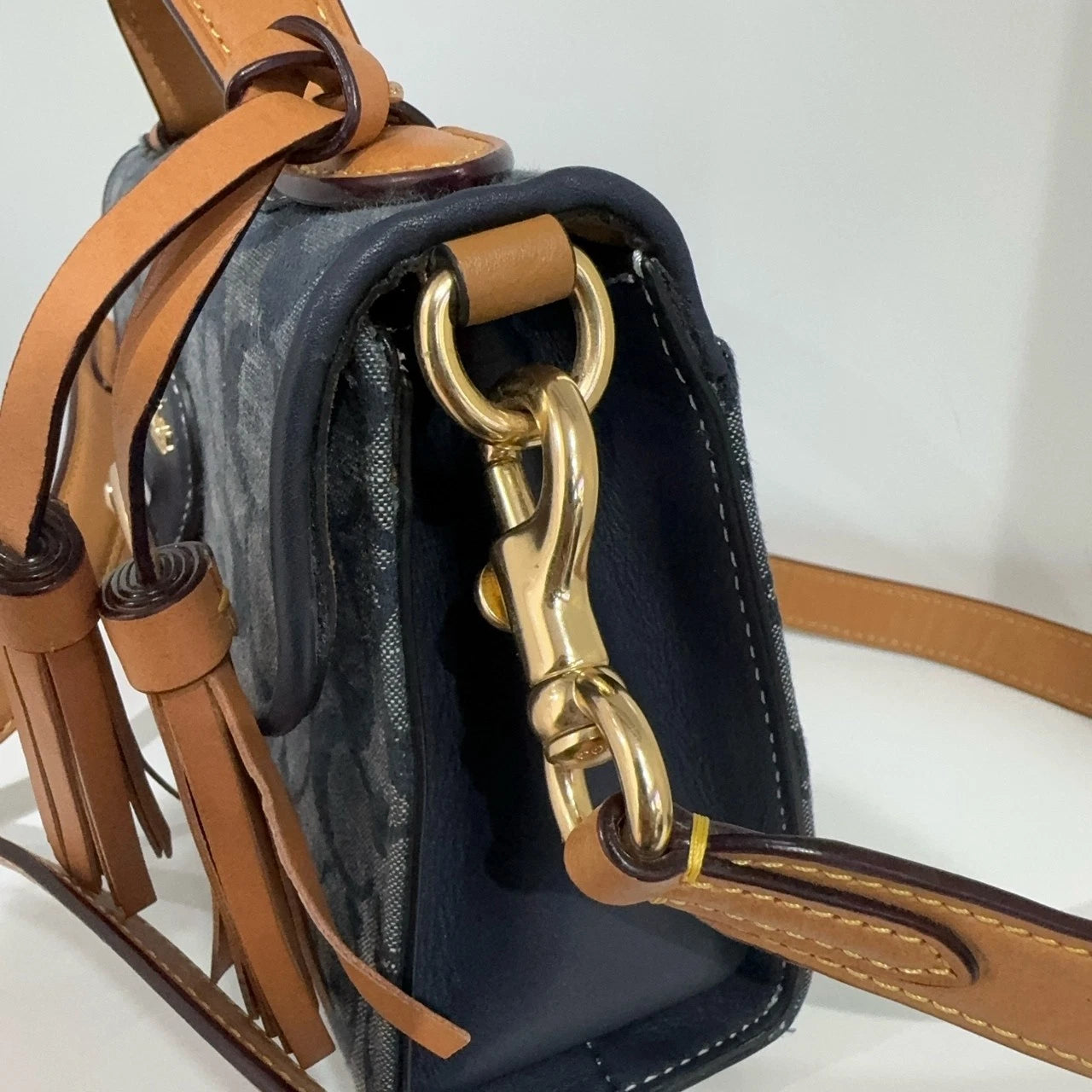 Coach Women's Denim Blue Logo Print Flap Shoulder Crossbody Handbag Medium