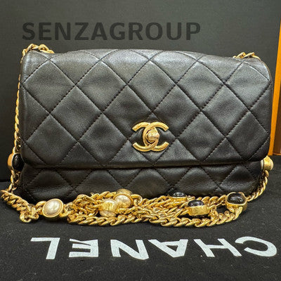 Chanel Classic Flap Quilted Lambskin Chain Shoulder Bag Black Gold
