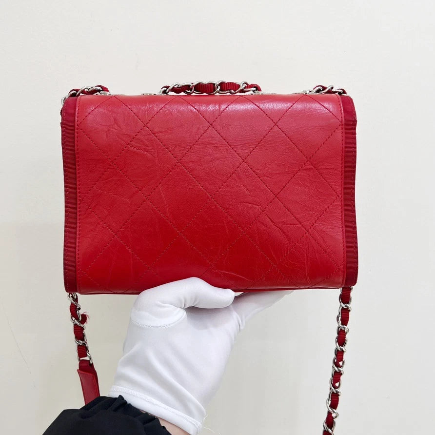 Chanel Chain Canvas Shoulder Crossbody Bag Red Silver Hardware Women Classic