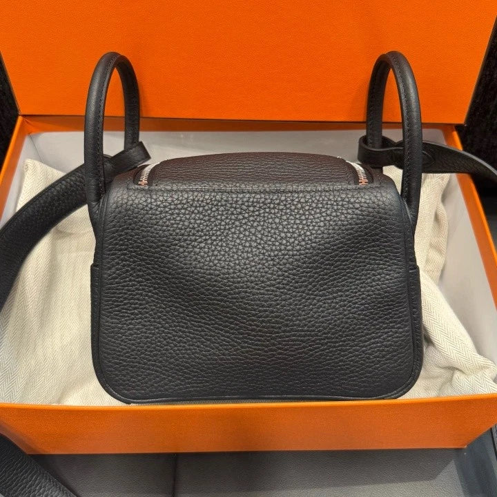 Hermes Lindy Mini Top Handle Shoulder Bag Black Silver Hardware Women D
