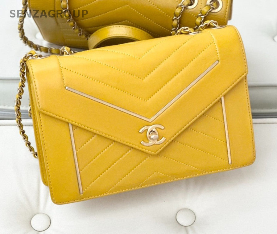 CHANEL Calfskin V-shaped pattern Chain Shoulder Handbag Yellow Women