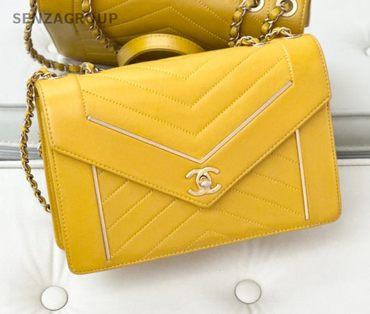 CHANEL Calfskin V-shaped pattern Chain Shoulder Handbag Yellow Women