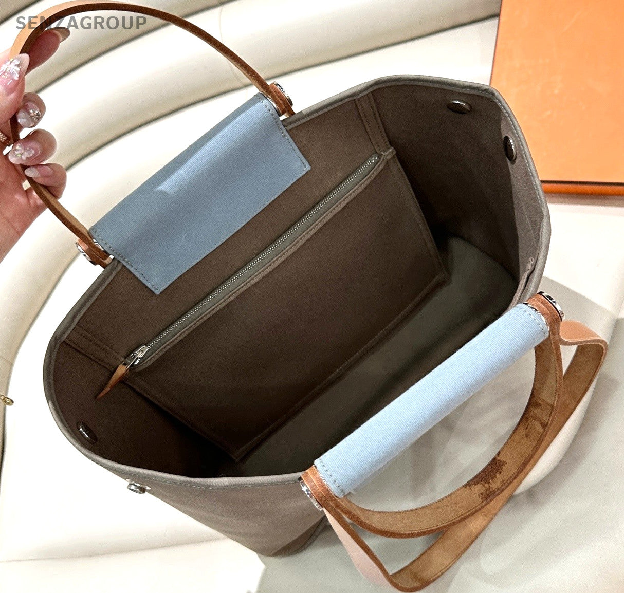 Hermès Canvas Leather Top Handle Shoulder Bag Women Gray