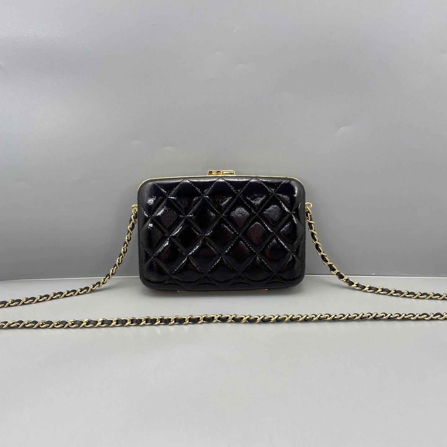 Chanel Black Gold Patent Leather Clutch Bag For Women
