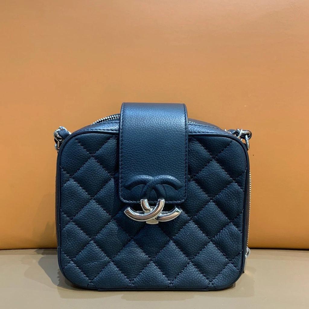 Chanel Calfskin Camera Bag Chain Shoulder Crossbody Black Silver Diamond