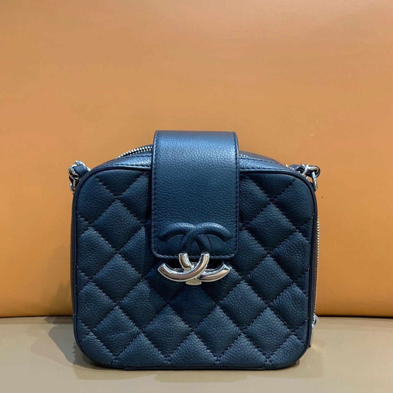 Chanel Calfskin Camera Bag Chain Shoulder Crossbody Black Silver Diamond