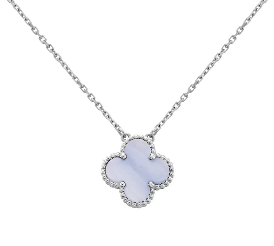 Van Cleef &amp; Arpels VCA Vintage Alhambra 18K White Gold Necklace Chalcedony