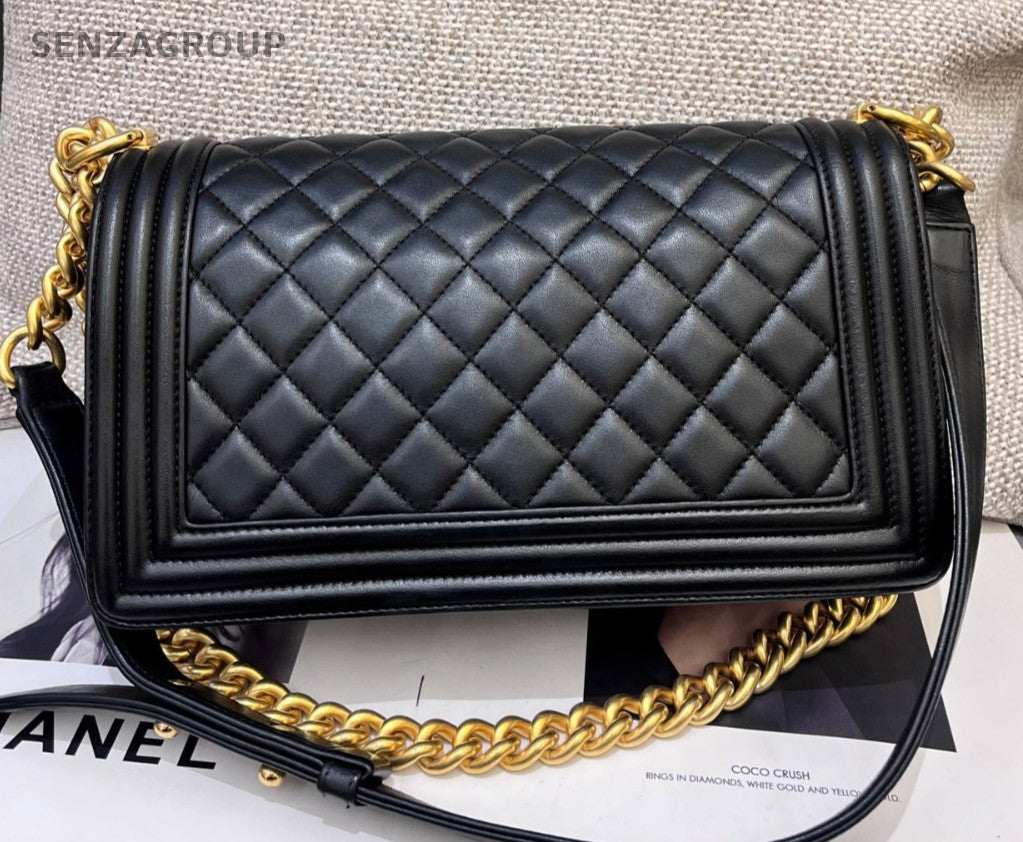 Chanel Leboy MM Chain Diamond Shoulder Bag Black Gold Women Classic Designer