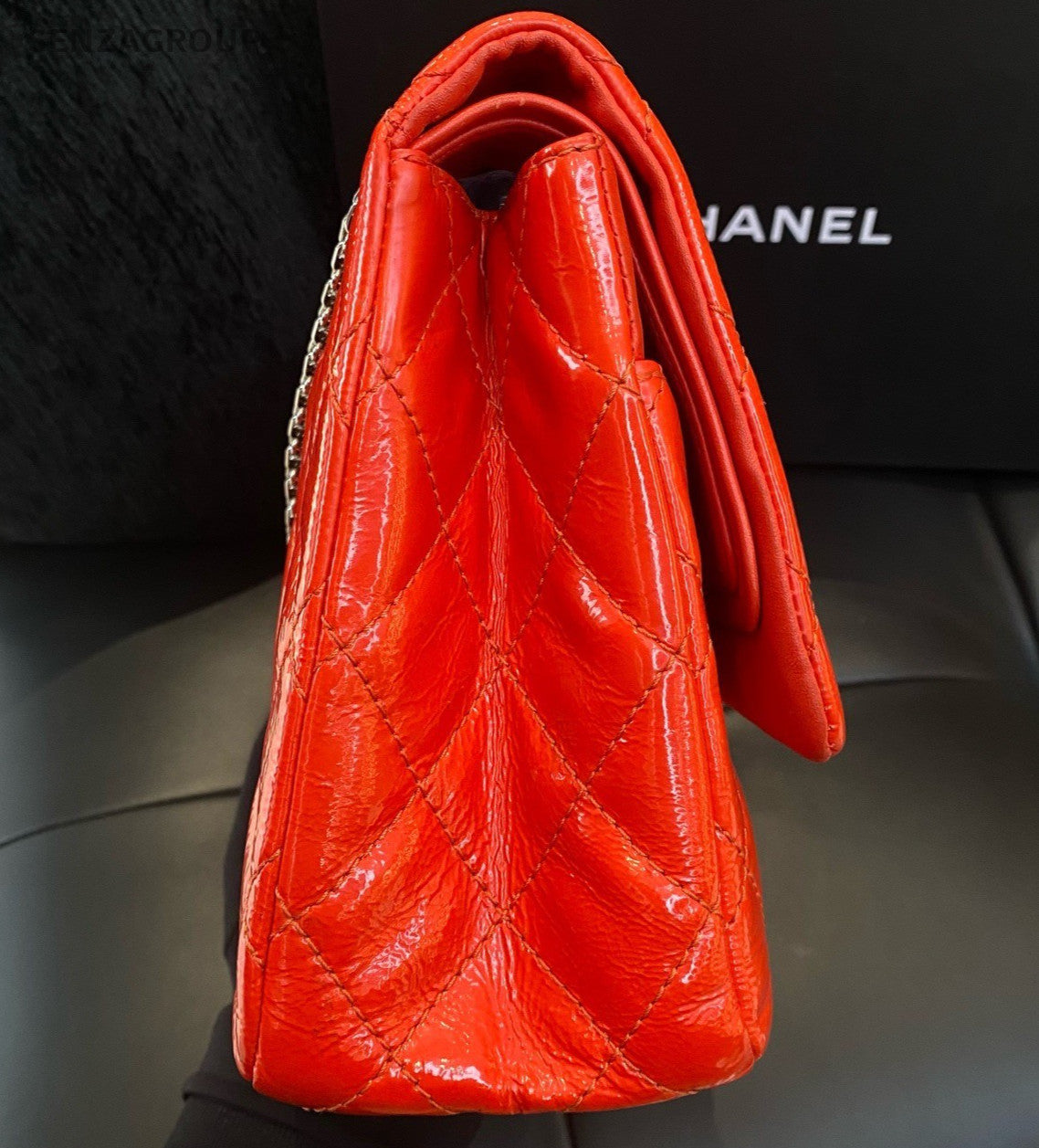 Chanel 2.55 Calfskin GM Chain Shoulder Bag Crossbody Red Silver Women Classic