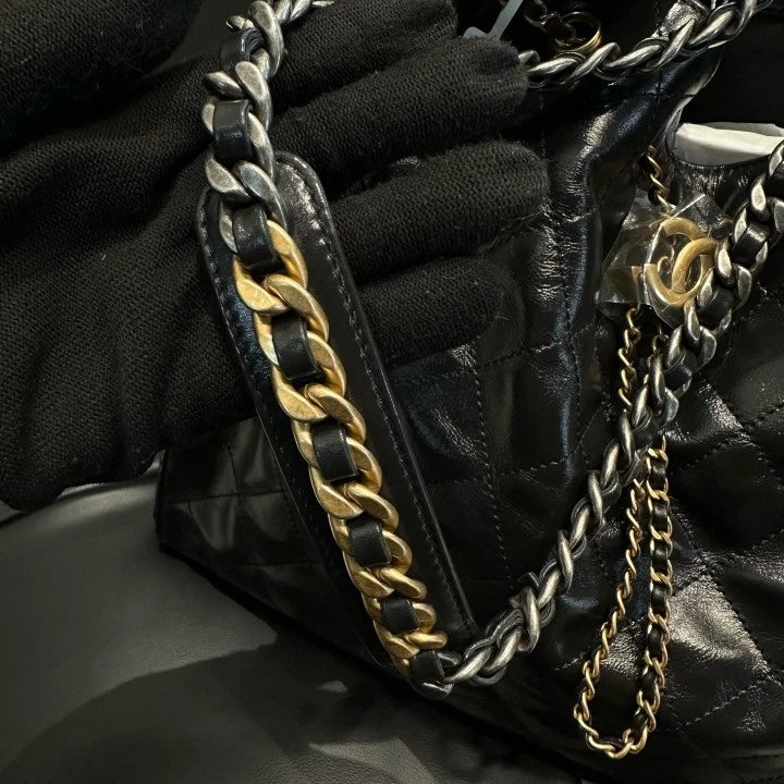 Chanel 25Bag MM Chain Calfskin Shoulder Bag Black Gold Hardware Women D