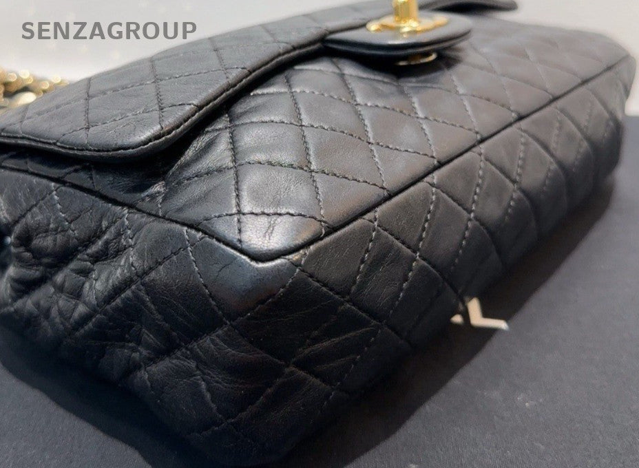 Chanel Classic Flap MM Lambkin Heart Chain Shoulder Bag Black Gold Women