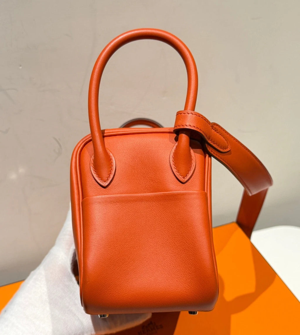 Hermes Lindy Mini Top Handle Shoulder Bag Orange Silver Women Classic Fashion