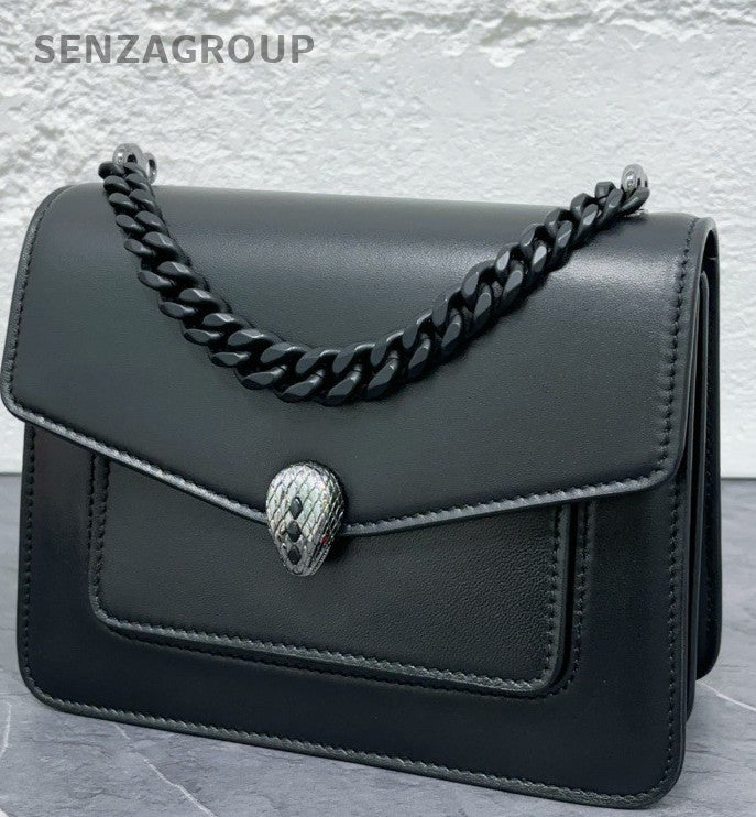 BVLGARI Serpenti Forever Lambskin Shoulder Bag Black Silver Women Designer