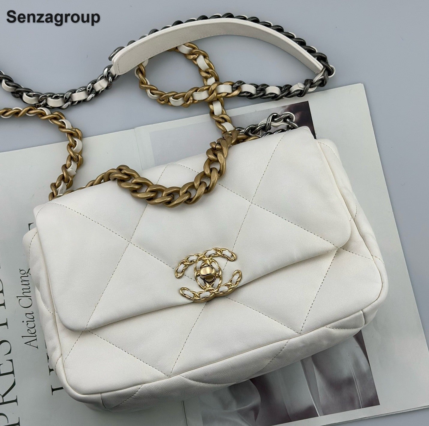 Chanel 19Bag PM Chain Top Handle Shoulder Crossbody White Gold Women Classic