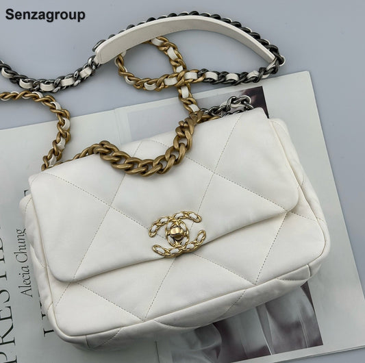 Chanel 19Bag PM Chain Top Handle Shoulder Crossbody White Gold Women Classic