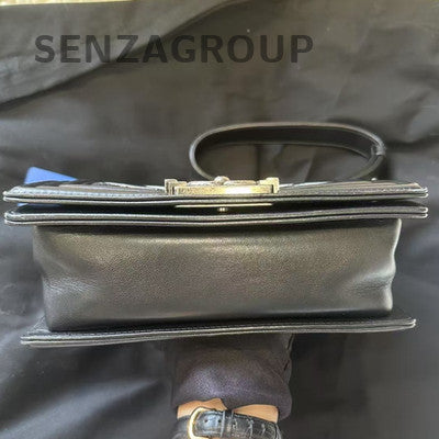Chanel Le Boy Small V-Stitch Lizard Skin Black Silver Chain Shoulder Bag