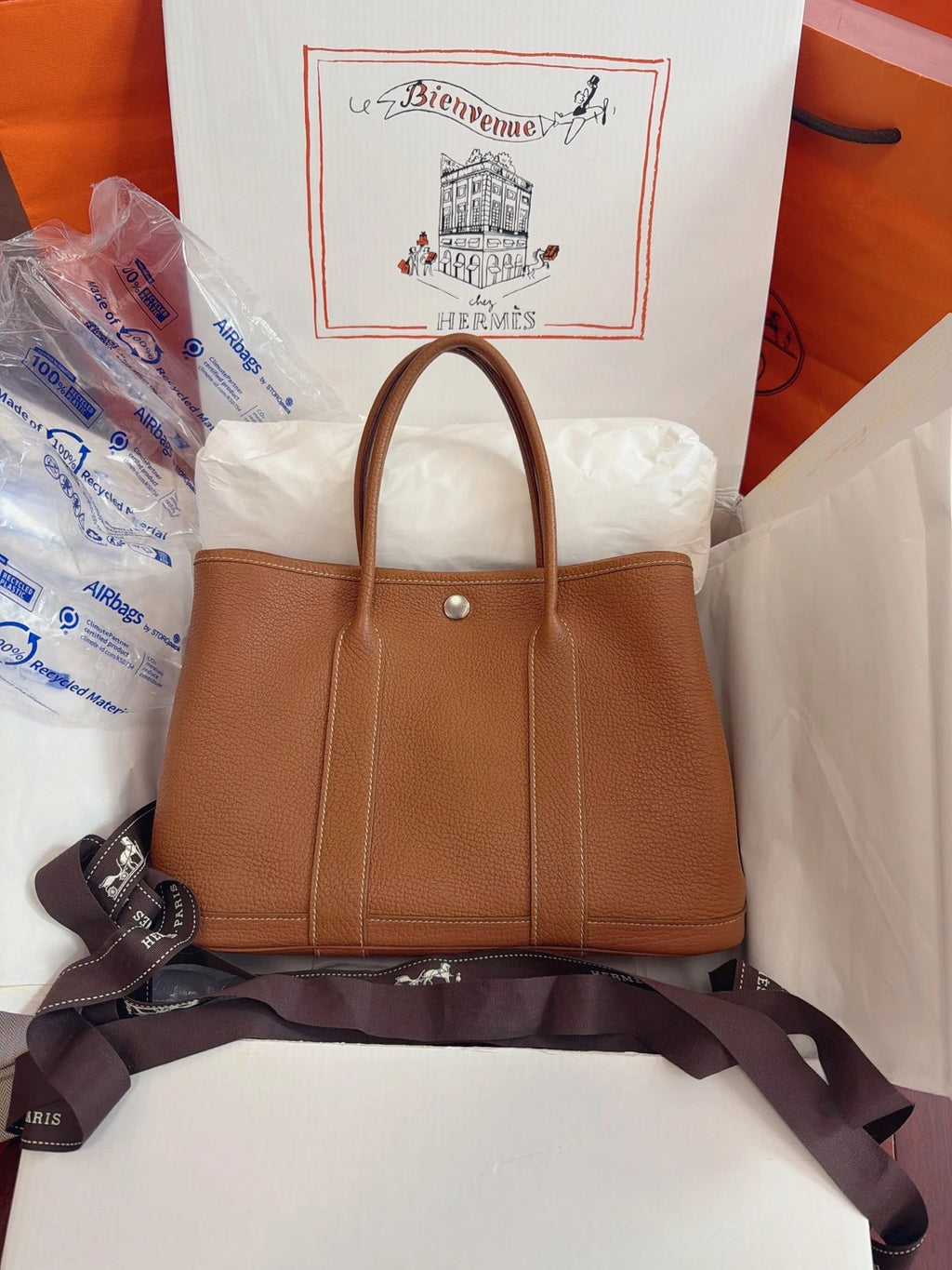 Excellent Hermes Garden Party30 Tote Brown Handbag Silver Hardware