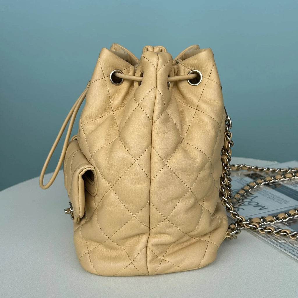 Chanel Diamond Chain Drawstring Backpack Beige Gold Used Women Classic