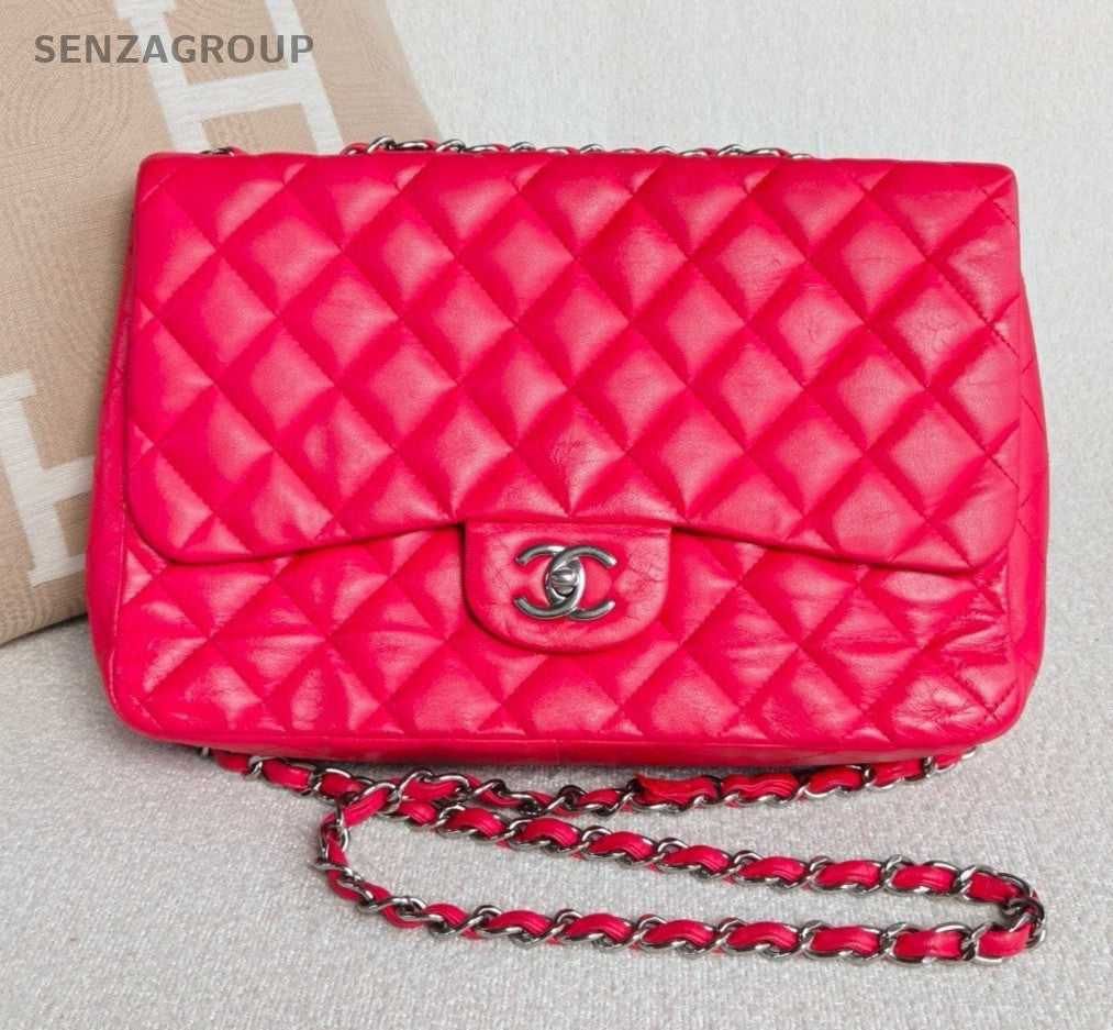 Chanel Classic Flap Jumbo Lambskin Chain Shoulder Crossbody Red Silver Women