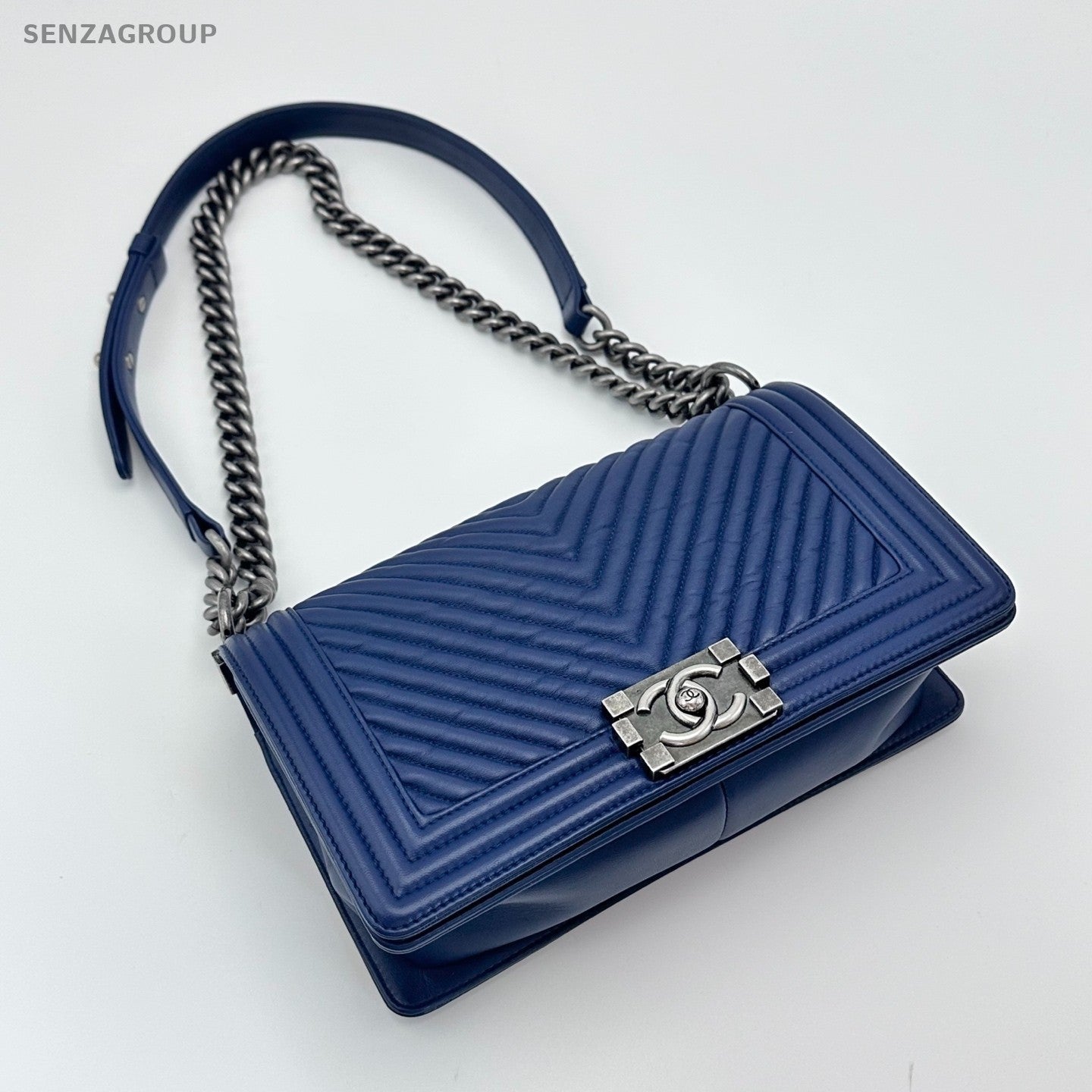 Chanel Leboy MM V-shaped pattern Chain Shoulder bag Blue Silver Women Classic