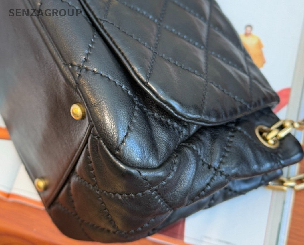 Chanel Calfskin Chain Shoulder Bag Gold Black Diamond Women Classic