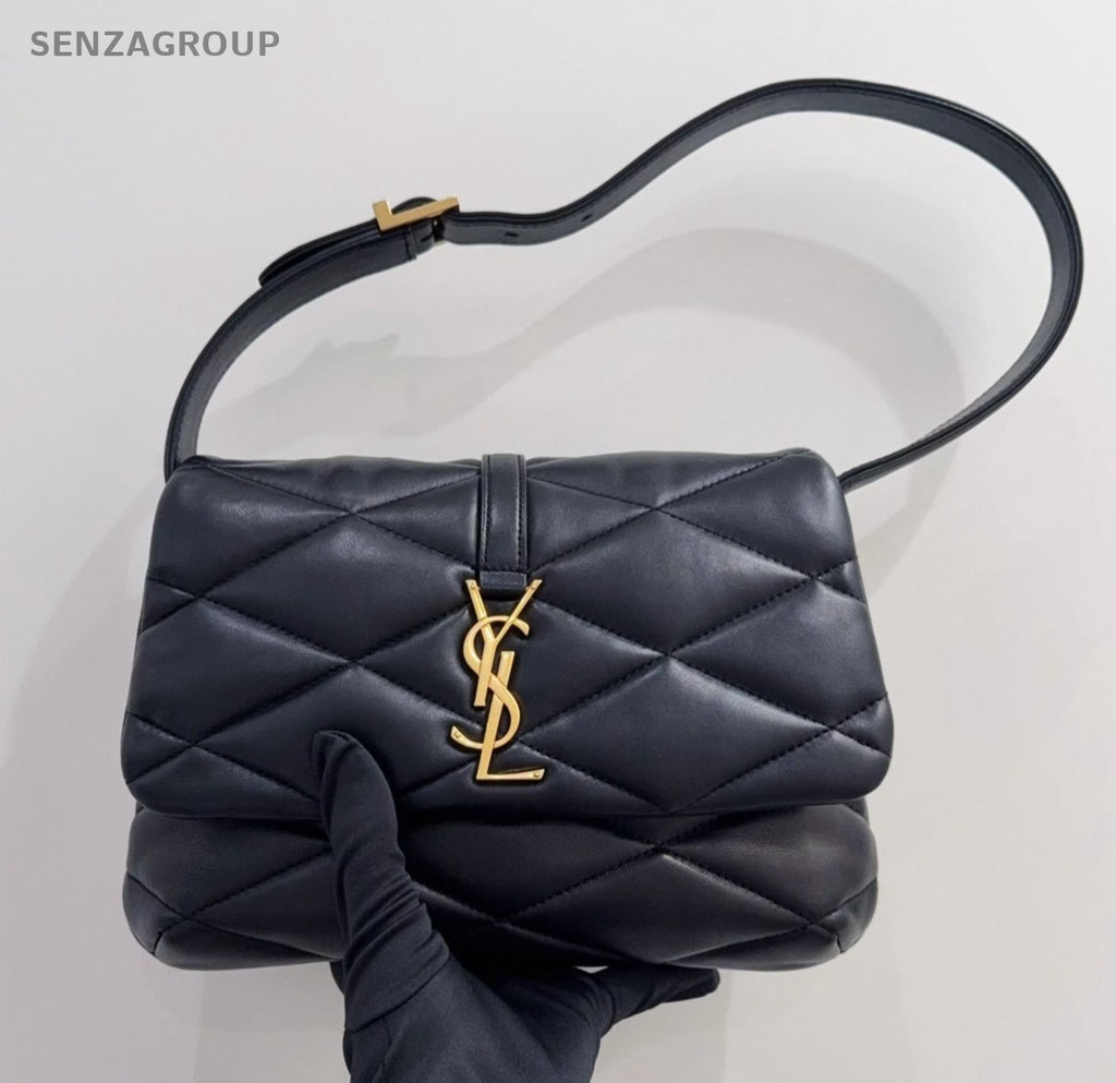 YSL Saint Laurent LE57 Hobo Lambskin Shoulder Handbag Black Gold Women