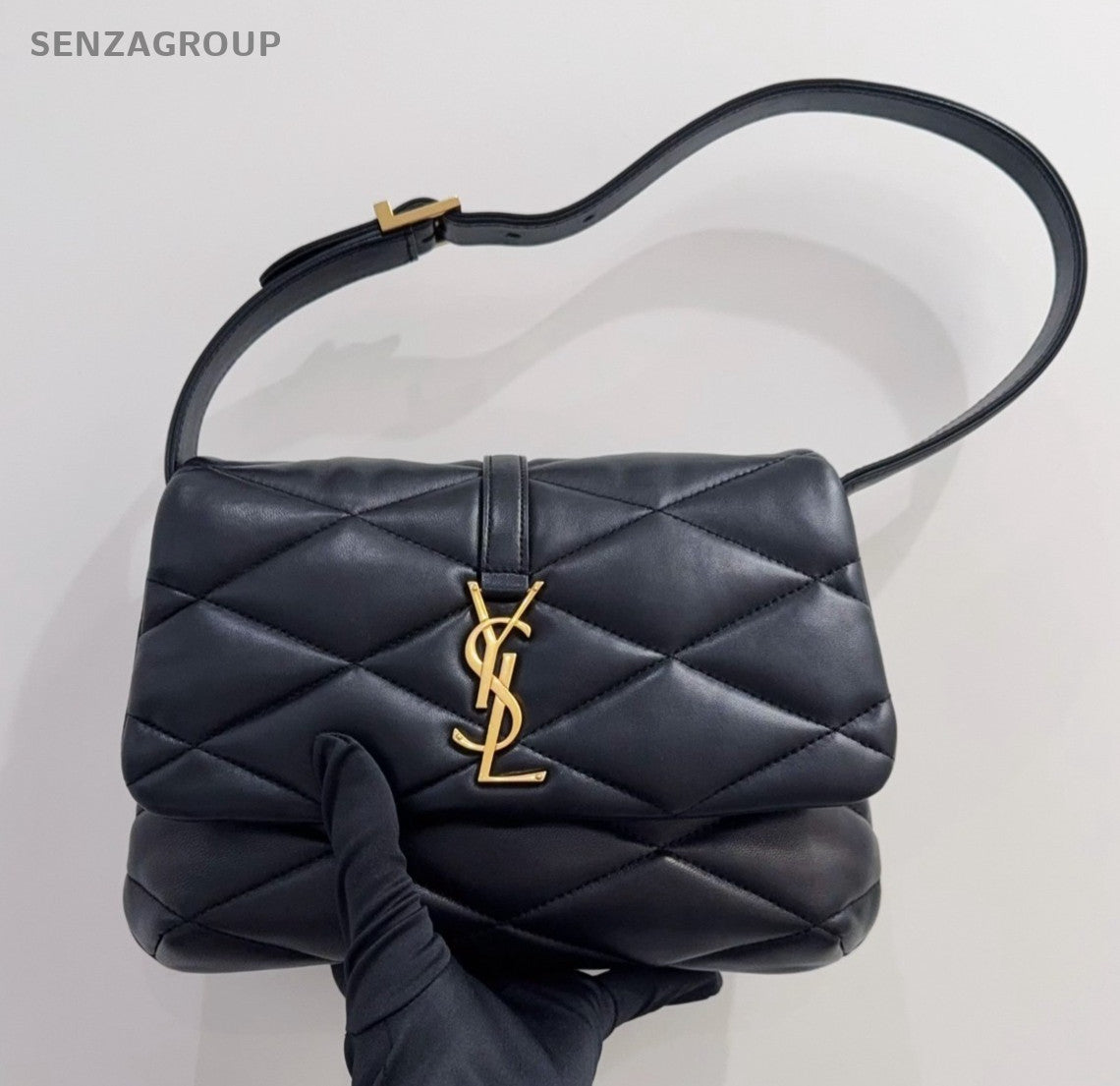 YSL Saint Laurent LE57 Hobo Lambskin Shoulder Handbag Black Gold Women